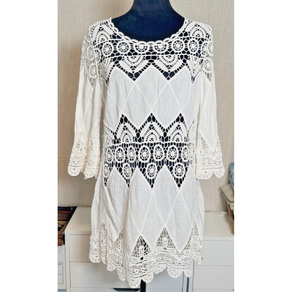 Lace and Crinkle Gauze Tunic Top Long Sleeve White Women's Size M Boho Beach